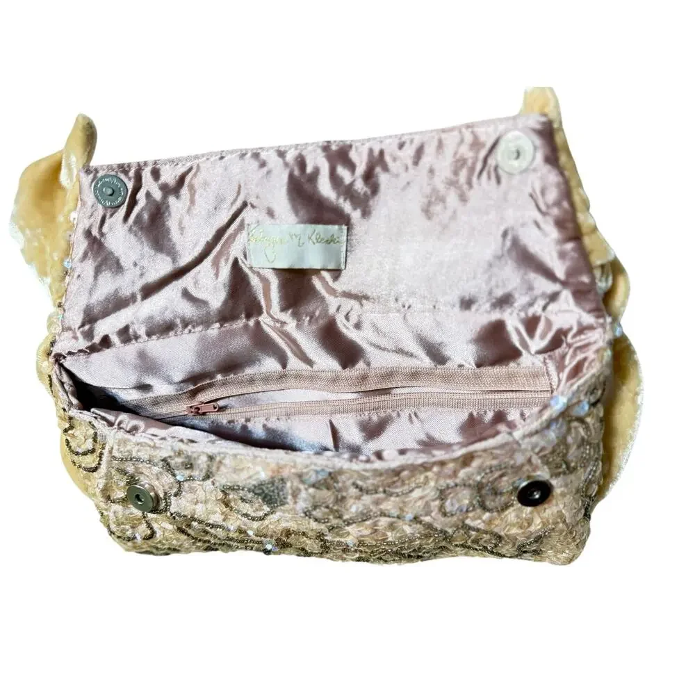 VTG Wayne M. Kleski Hand-Beaded Evening Bag Velvet Bow Handle Clutch w/ Mirror